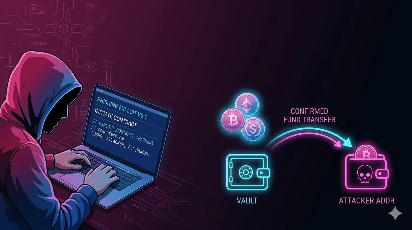 Web3 phishing attack illustration showing a hacker exploiting smart contracts